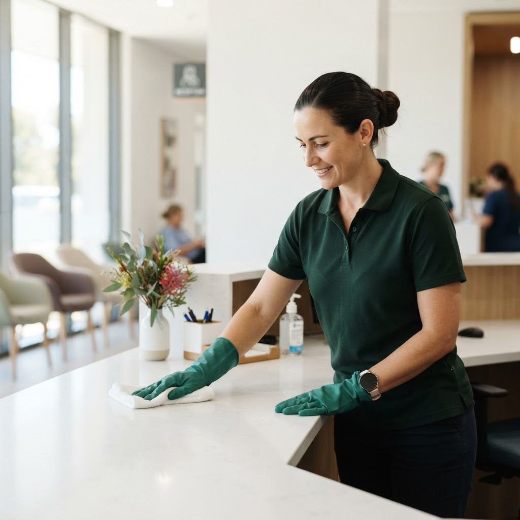 Professional cleaner sanitising a reception counter